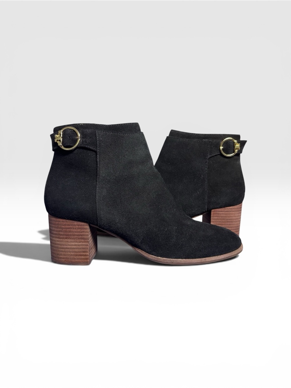 Tory Burch Black Suede Block Heel Ankle Booties Gold Logo Buckle Size 8